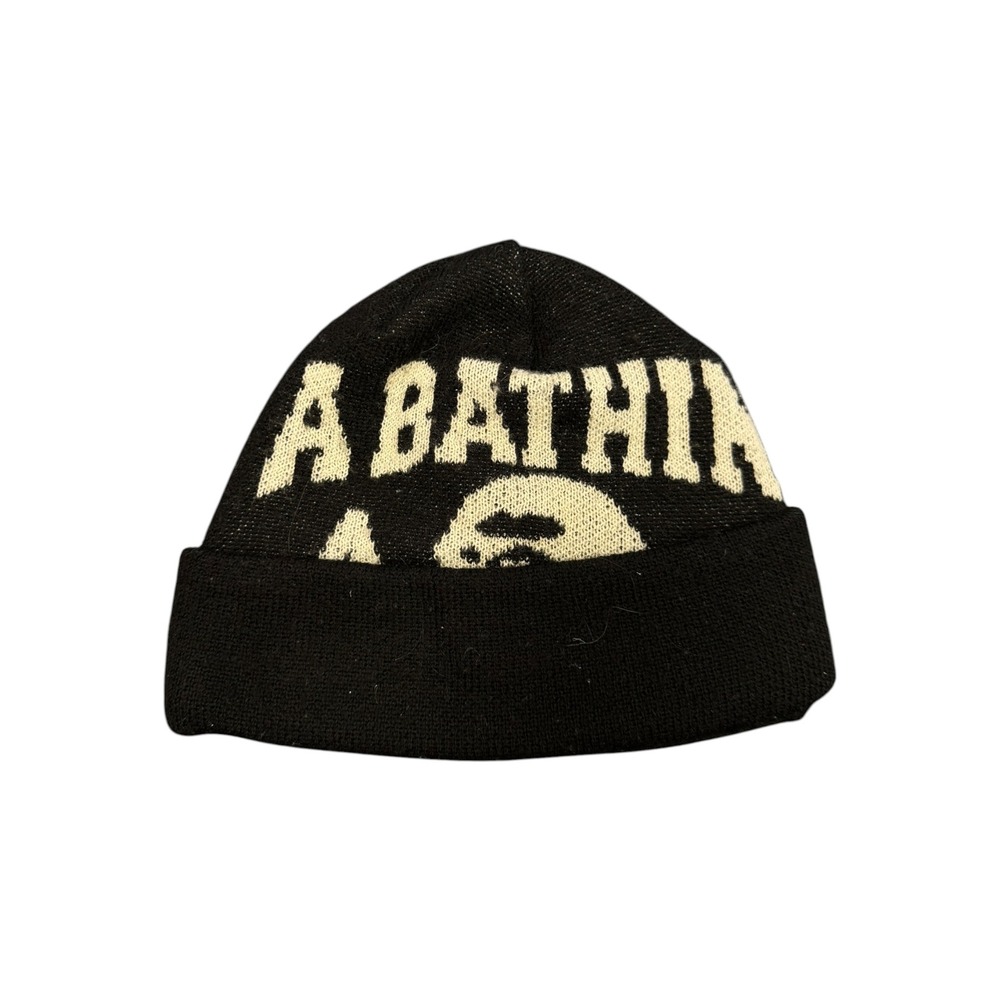 A Bathing Ape Beanie Mens OS Black Fair Logo Knit Wool Blend Made in Japan